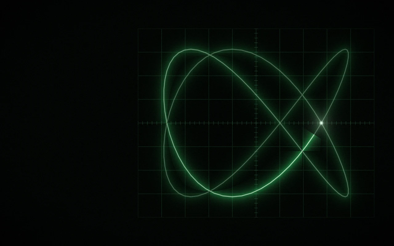 Still frame of Oscilloscope: a lissajous figure turning on an analogue oscilloscope